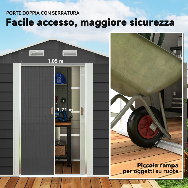 Outsunny Casetta porta Attrezzi con Porte Scorrevoli e 4 Prese d'Aria, in Acciaio e PP 196x236x208 cm, Grigio Scuro