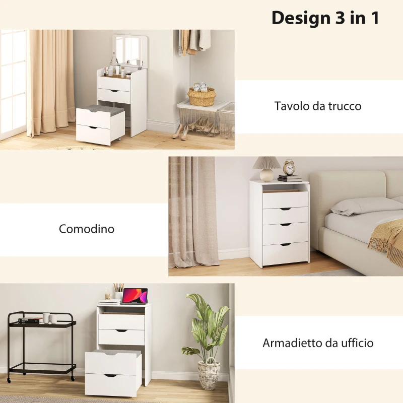 HOMCOM Tavolo da Trucco 3 in 1 con Specchio, Vano, 2 Cassetti e Sgabello, in Legno, 50x40x78 cm, Bianco