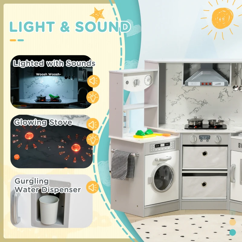 AIYAPLAY Toy Kitchen with Running Water, Lights, Sounds, Apron and Chef Hat, Water Dispenser, for Ages 3-6 Years, Grey