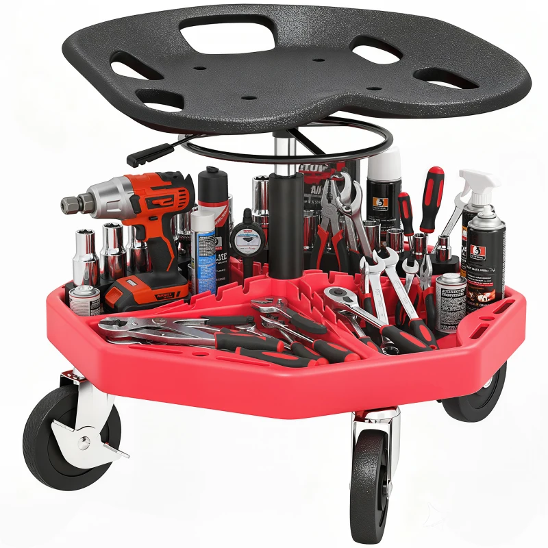 HOMCOM Taburete de Taller Móvil con Bandeja Magnética Ruedas Altura Ajustable de 52–59,5 cm Carga 135 kg para Garaje Rojo