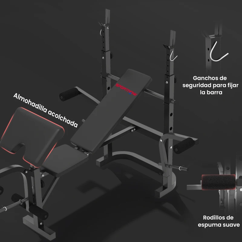 SPORTNOW Banco de Musculación con Soporte para Barra Ajustable Extensión de Piernas Curl de Predicador y Mariposa para Gimnasio
