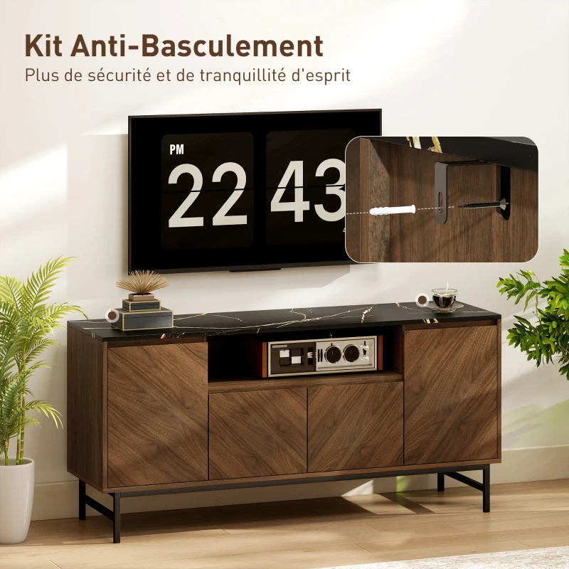 HOMCOM Meuble TV jusqu'à 65 pouces meuble télé bois avec compartiment ouvert et passe-câbles, effet marbre, 140x39x66cm, noyer