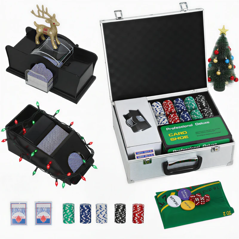 SPORTNOW 300-Piece Poker Chips Set with Card Shuffler, Card Shoe, Case, Casino Texas Holdem Poker Set with Mat, Silver Tone