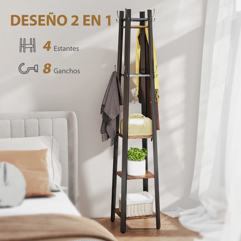 HOMCOM Perchero de Pie de 4 Niveles con 4 Estantes 8 Ganchos con Estructura Metálica para Colgar Ropa Sombrero Marrón Rústico