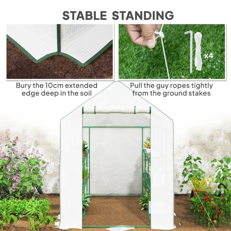 Outsunny Walk-in Greenhouse with 3 Tier Shelves, Outdoor Green House Garden Grow House with Reinforced PE Cover, Roll-up Door and Mesh Windows, 140 x 213 x 190cm, White