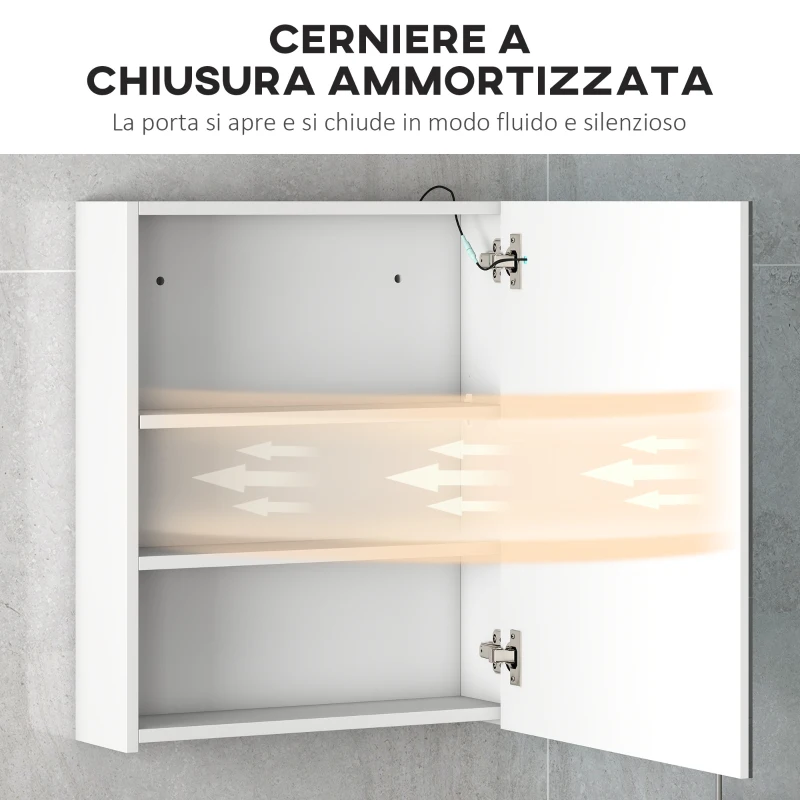 HOMCOM Armadietto Pensile da Bagno con 1 Anta, Specchio e Luci a LED | 2 Ripiani Interni | MDF Bianco (60 x 50 x 15cm)