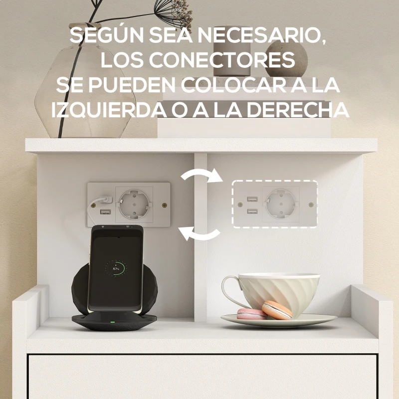 HOMCOM Mesita de Noche con Estación de Carga Puertos USB Cajón y Estantes Mesilla de Noche Dormitorio 40x40x60 cm Blanco