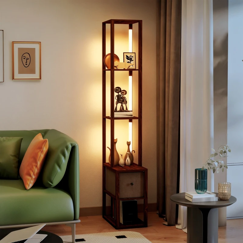 HOMCOM Floor Lamp with Shelves, LED Column Modern Standing Lamp with Fabric Drawer, Adjustable Brightness, Foot Switch for Living Room, Bedroom, Office, Dark Brown