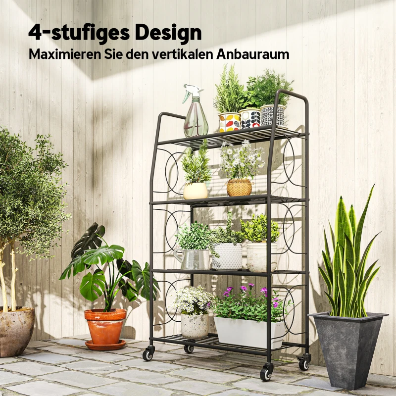 Outsunny metalen plantenrek met 4 niveaus, robuust etagerek voor bloempotten met vergrendelbare wielen