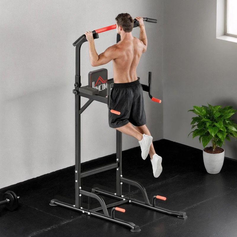 HOMCOM Máquina de Dominadas con Altura Ajustable Carga Máx. 120 kg para Entrenamiento Fitness 123x98x189-239 cm Negro y Rojo