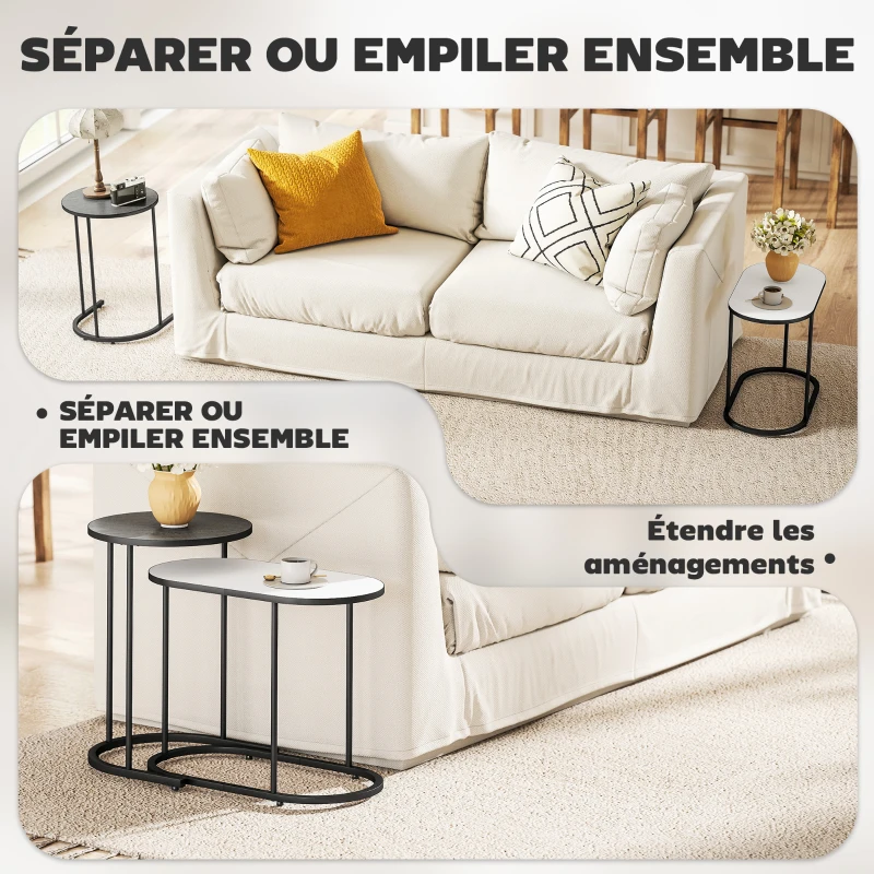 HOMCOM Lot de 2 tables basses gigognes, tables d'appoint empilable style contemporain, cadre en métal gris et blanc