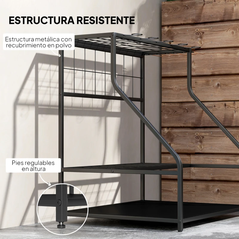 Outsunny Organizador de Herramientas de Jardín Estantería de Almacenamiento de 3 Niveles para Garaje con Ganchos