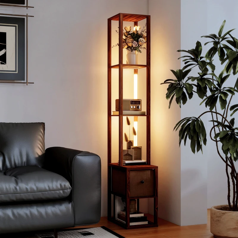 HOMCOM Floor Lamp with Shelves, LED Column Modern Standing Lamp with Fabric Drawer, Adjustable Brightness, Foot Switch for Living Room, Bedroom, Office, Dark Brown