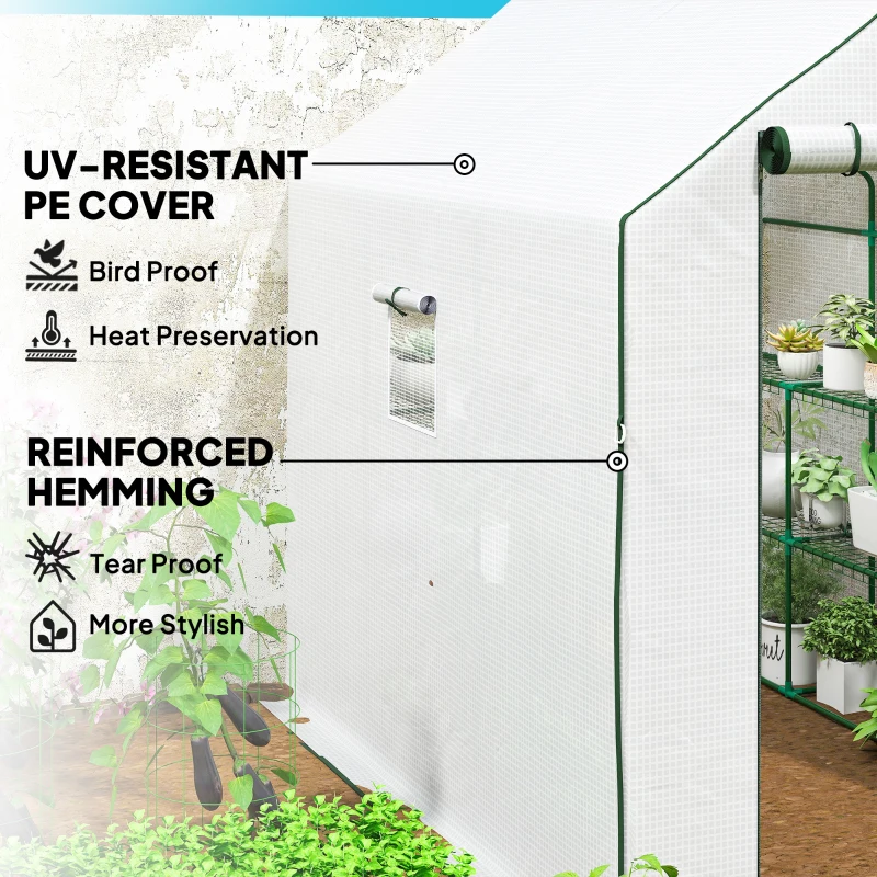 Outsunny Walk-in Greenhouse with 3 Tier Shelves, Outdoor Green House Garden Grow House with Reinforced PE Cover, Roll-up Door and Mesh Windows, 140 x 213 x 190cm, White