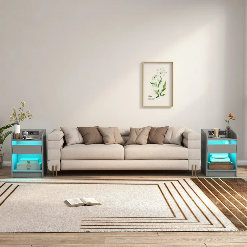 HOMCOM Mesa de Cabeceira com Luzes LED Gaveta Prateleira Estação de Carregamento Entrada USB e Controlo Remoto 40x40x58 cm Cinzento