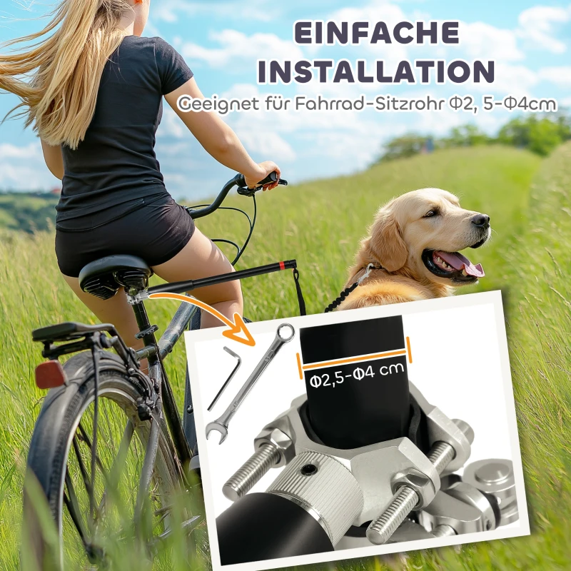PawHut Laisse pour chien pour vélo 124 cm, laisse d'exercice chien, facile à installer et amovible, acier et polyester, noir