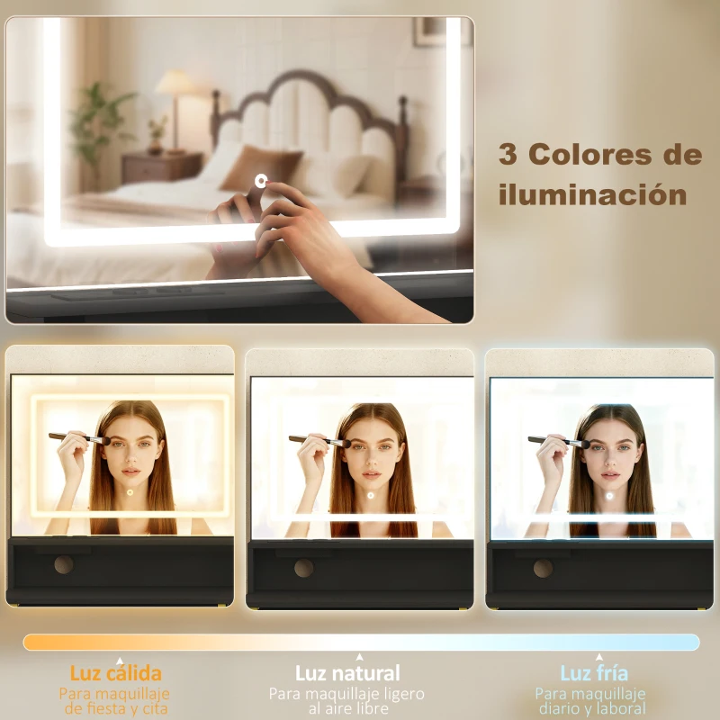 HOMCOM Tocador de Maquillaje con Espejo Luces LED Estación de Carga Taburete Estación de Carga 4 Cajones Negro