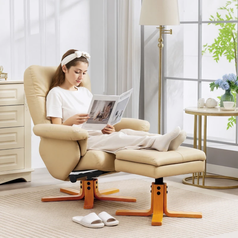 HOMCOM PU Leather Swivel Recliner Chair with Footstool, Wooden Base and Storage for Living Room, Beige