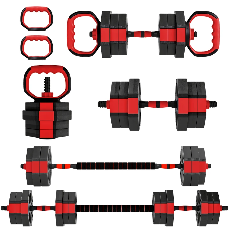 SPORTNOW 4-in-1 Adjustable Weight Dumbbells Set, Used as Kettlebell, Barbell, Dumbbell, Push-Up Stand, 20kg Free Weights Set for Men and Women Home Gym Training, Red