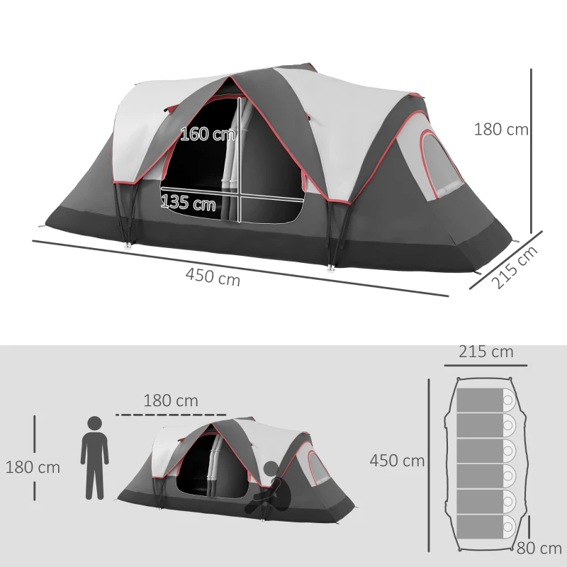 Outsunny Cort de Camping pentru 6-8 Persoane cu 2 Camere Separate și Uși cu Fermoar, 450x215x180 cm, Gri