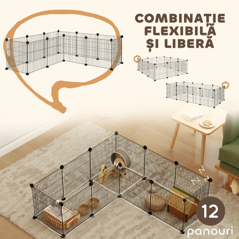 PawHut Țarc Modular pentru Animale de Companie de Talie Mică cu Panouri și Accesorii, 140x70x35 cm, Negru