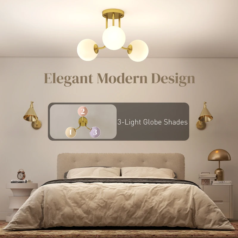 HOMCOM LED Ceiling Light with Globe Shades, Modern 3-Light Ceiling Light with G9 Sockets for Living Room, Bedroom, Dining Room, Bulbs Not Included, Gold Tone