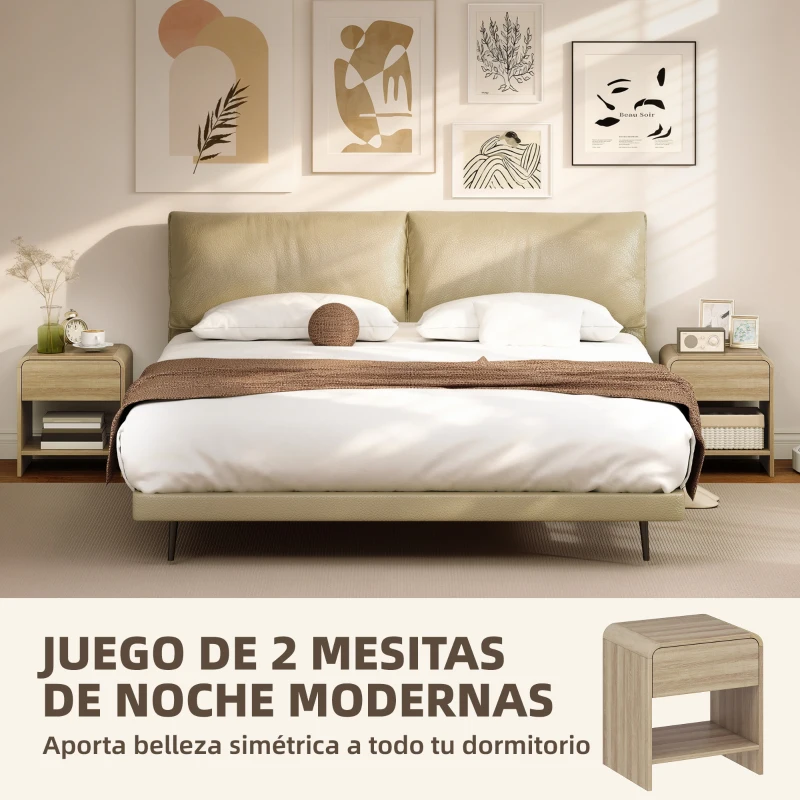 HOMCOM Juego de 2 Mesitas de Noche Nórdicas con Esquinas Redondeadas Cajón y Estante Abierto 40x35x45 cm Natural