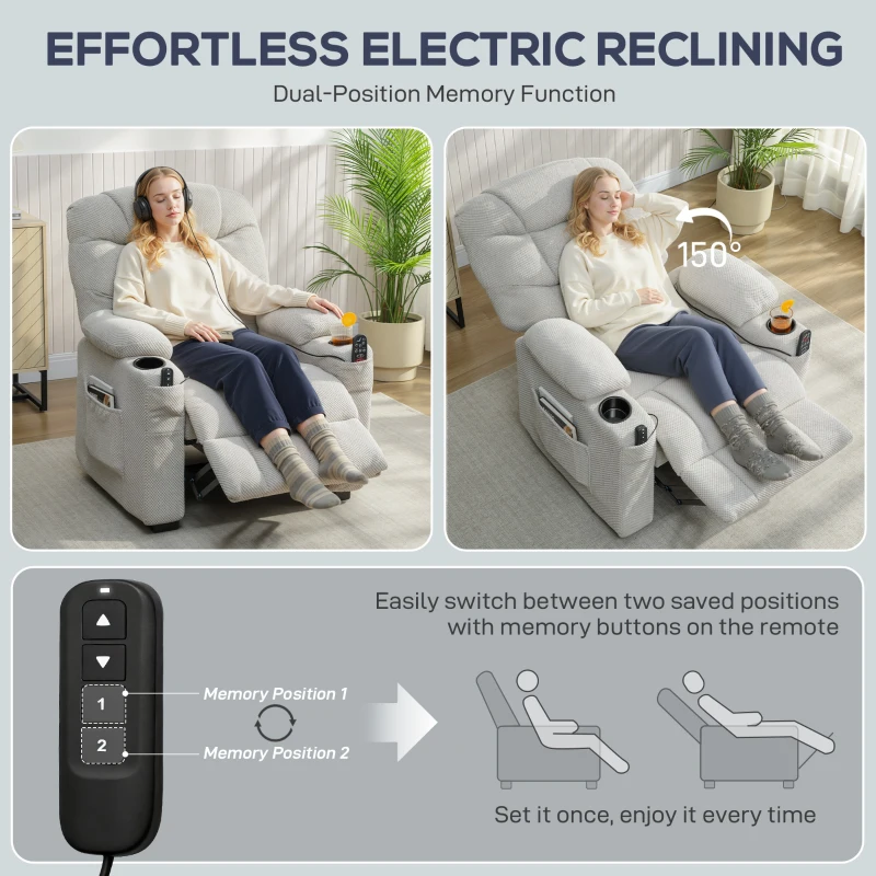 HOMCOM Electric Massage Recliner Armchair with Vibration, Heat, Whisper-Quiet Motor, Memory Function, Fleece Power Reclining Chair with Spring Pack, USB Port, Footrest, Side Pocket, Cup Holders, Grey