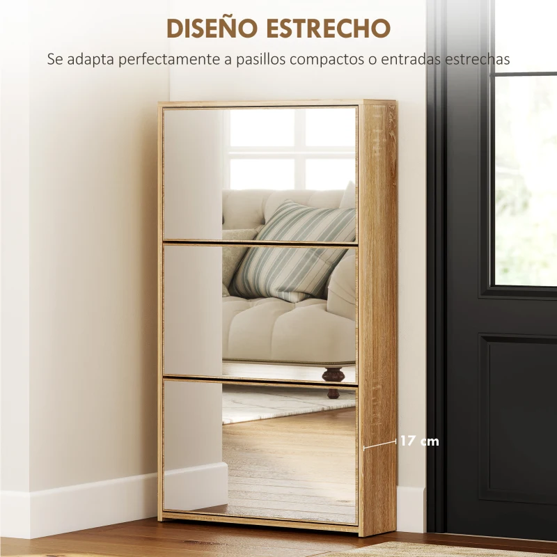 HOMCOM Zapatero Entrada Recibidor con 3 Puertas con Espejo Zapatero Estrecho para 9 Pares de Zapatos 65x17x114,5 cm Natural