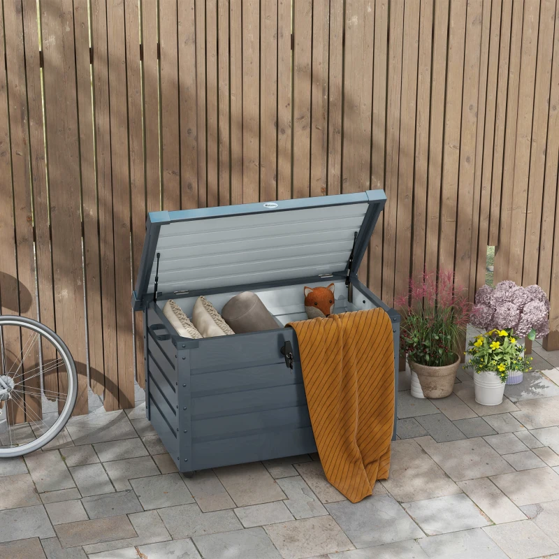 Outsunny Coffre de rangement extérieur 295L, avec vérin à gaz, roulettes et poignée, en acier galvanisé, 100 x 62 x 65 cm, gris