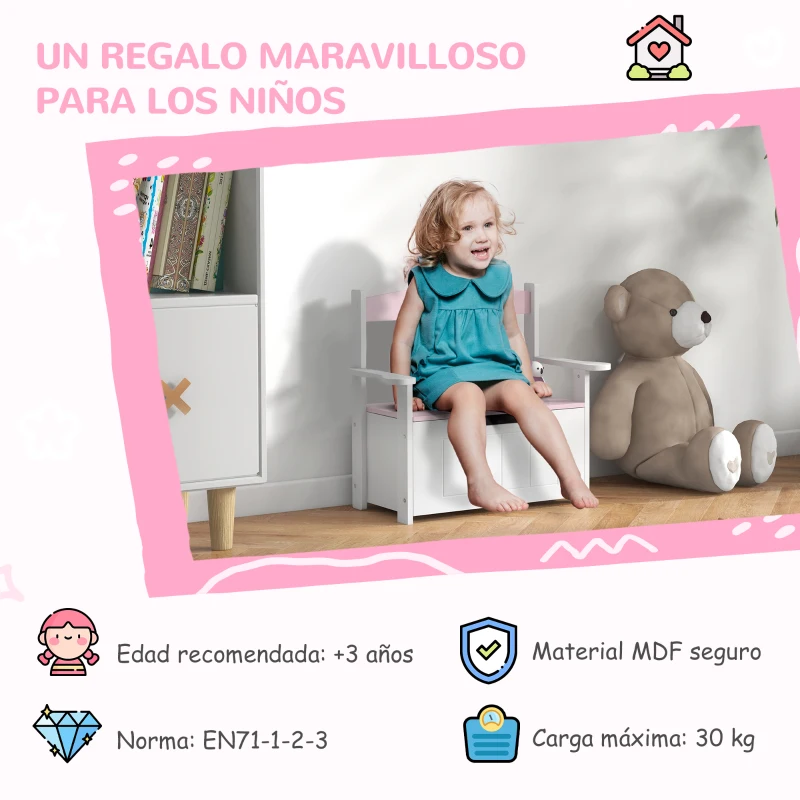 AIYAPLAY Banco Almacenaje para Niños con Respaldo Tapa Amortiguadora Carga 30 kg para Salas de Juego 68,5x34x58 cm Rosa y Blanco