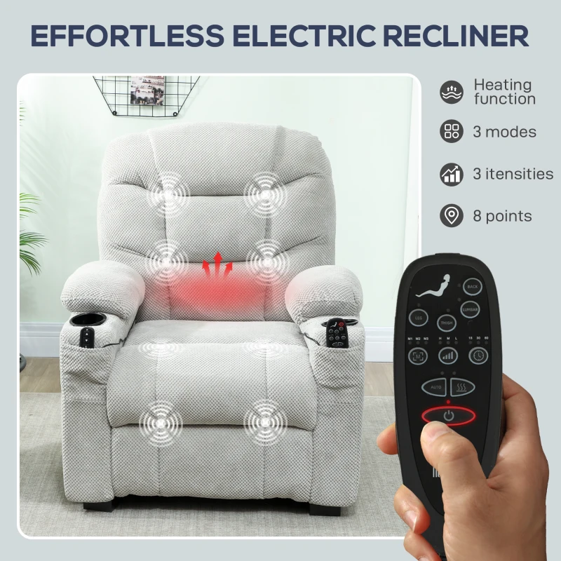 HOMCOM Electric Massage Recliner Armchair with Vibration, Heat, Whisper-Quiet Motor, Memory Function, Fleece Power Reclining Chair with Spring Pack, USB Port, Footrest, Side Pocket, Cup Holders, Grey