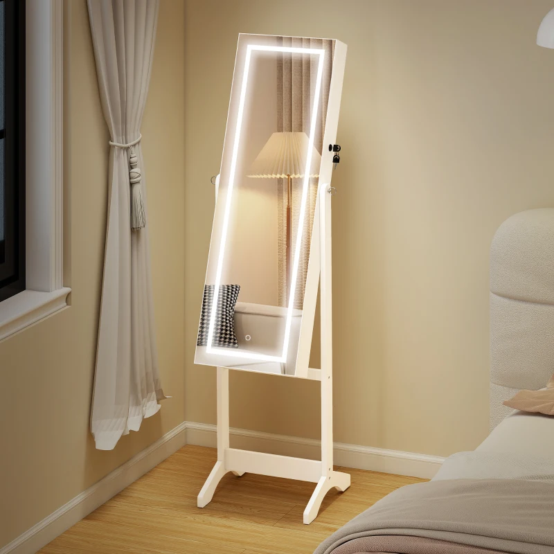 HOMCOM Jewellery Cabinet with LED Light, Lockable Jewellery Organiser with Full-Length Mirror for Bedroom Dressing Room, White