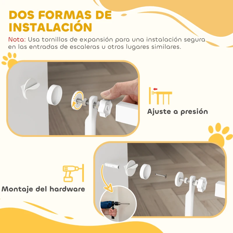 PawHut Barrera para Perros Extra Alta con Ancho Ajustable 76-104 cm Separación 3,5 cm con Montaje a Presión Extensiones Blanco
