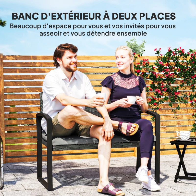 Outsunny Banc de jardin 2 places, banc d'extérieur en résine tressée PE avec coussin, acier galvanisé, 103x58x78cm, gris et noir