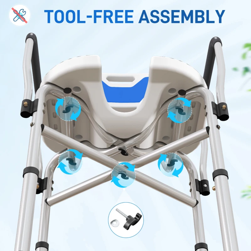 HOMCOM Silla de Ducha con Asiento Ranurado Altura Regulable Antideslizante Respaldo y Reposabrazos Carga 136 kg Azul