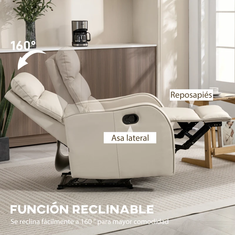 HOMCOM Sillón Relax Reclinable Sofá Relax Tapizado en PU con Reposapiés Retráctil para Dormitorio Salón 65x89x100 cm Crema