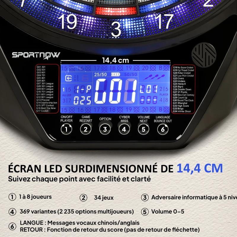 SPORTNOW Cible de Fléchettes Électronique Jeu de Fléchettes Électronique lumineuse écran LED surdimensionné rechargeable noir