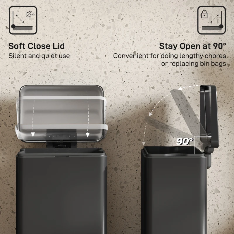 HOMCOM 20L Kitchen Bin with Soft-Close Lid and Stay-Open Function, Stainless Steel Pedal Bin with Removable Inner Bucket for Kitchen, Office, Home, Matte Black