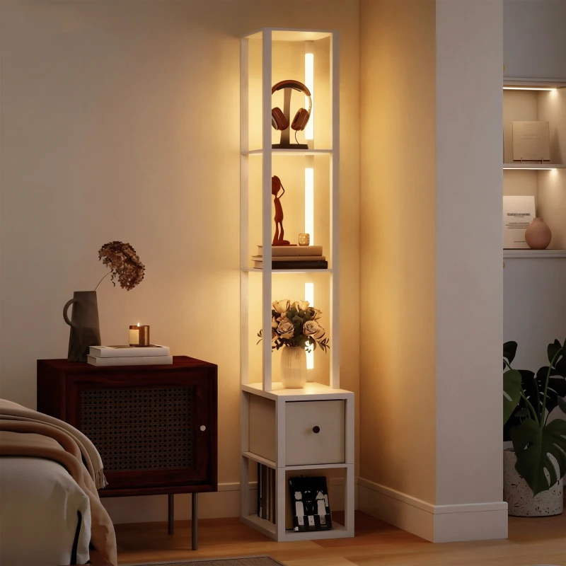 HOMCOM Floor Lamp with Shelves, LED Column Modern Standing Lamp with Fabric Drawer, Adjustable Brightness, Foot Switch for Living Room, Bedroom, Office, White