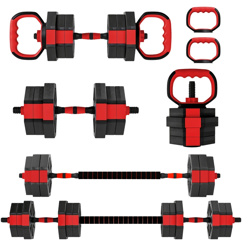 SPORTNOW 4-in-1 Adjustable Weight Dumbbells Set, Used as Kettlebell, Barbell, Dumbbell, Push-Up Stand, 20kg Free Weights Set for Men and Women Home Gym Training, Red