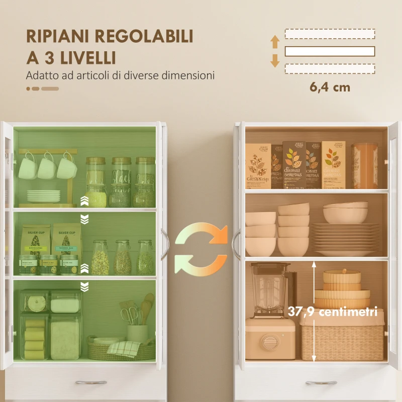 HOMCOM Credenza Cucina con 2 Armadietti e un Cassetto, Mensole Regolabili e Ante in Vetro, 60x35x180 cm, Bianco
