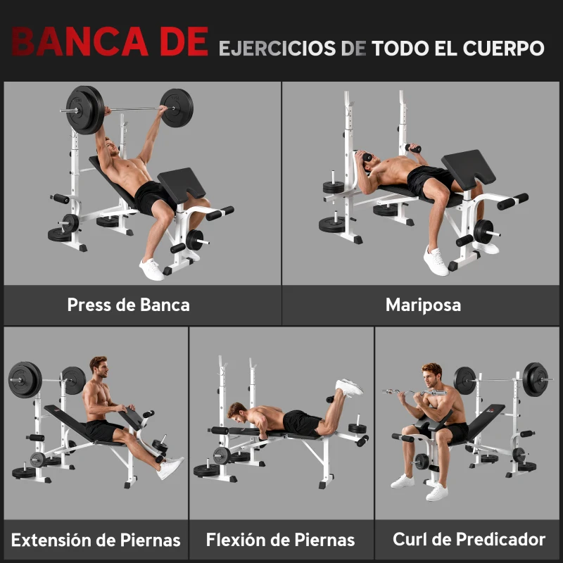 HOMCOM Banco de Musculación Inclinable con Soporte para Barra Ajustable Extensión de Piernas y Curl de Predicador para Gimnasio