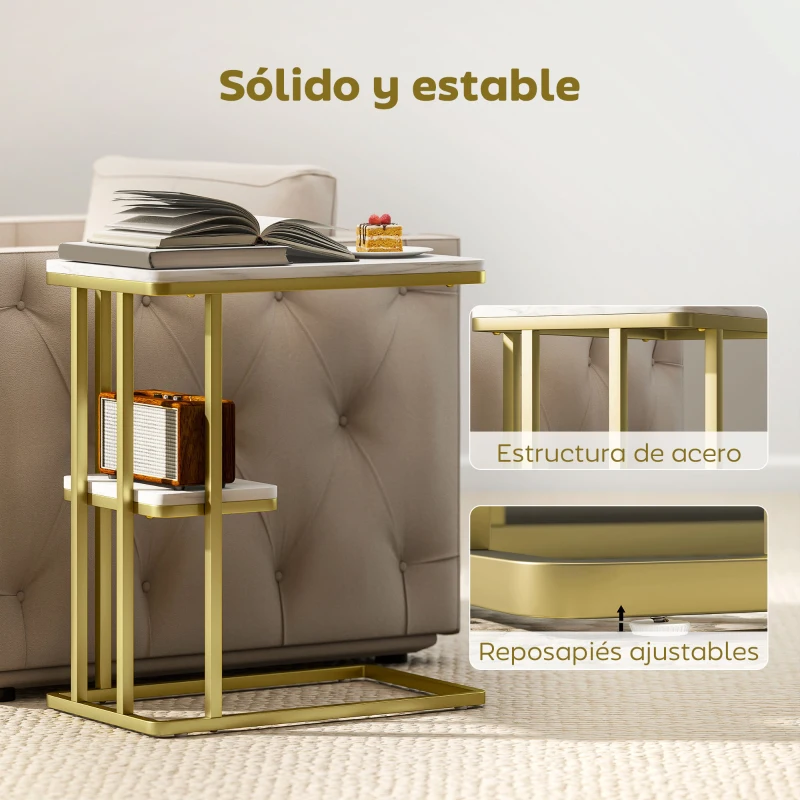 HOMCOM Mesa Auxiliar Estructura en C Estrecha con Estante Mesita de Noche Moderna 50x30x57,5 cm Blanco Efecto Mármol