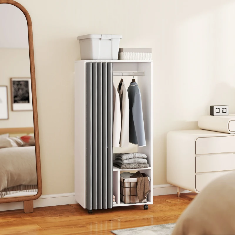 HOMCOM Armoire penderie armoire de rangement mobile avec rideau, tringle de suspension, 60 x 40 x 128 cm, blanc