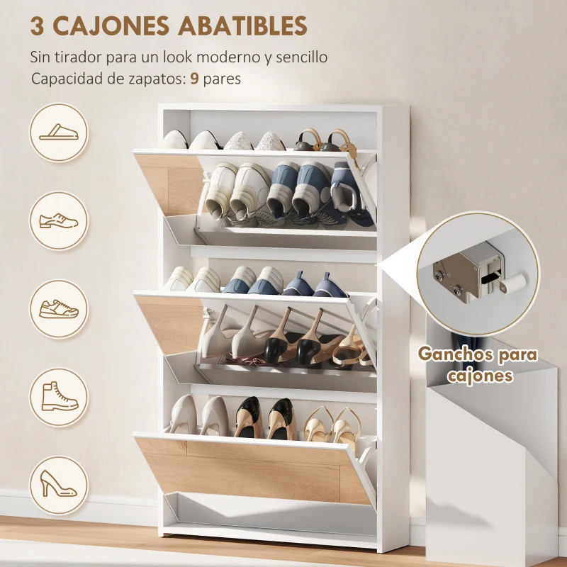 HOMCOM Zapatero Entrada Recibidor con 3 Puertas con Espejo Zapatero Estrecho para 9 Pares de Zapatos 65x17x114,5 cm Blanco