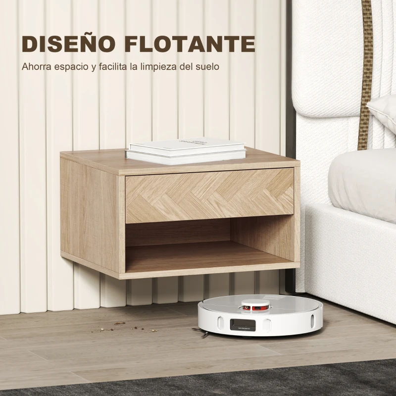 HOMCOM Juego de 2 Mesitas de Noche Colgantes Mesillas de Noche con Cajón y Compartimento para Dormitorio 37x32x21 cm Natural