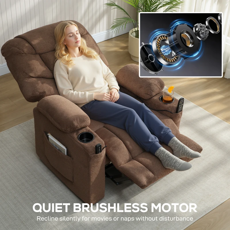HOMCOM Electric Massage Recliner Armchair with Vibration, Heat, Whisper-Quiet Motor, Memory Function, Fleece Power Reclining Chair with Spring Pack, USB Port, Footrest, Side Pocket, Cup Holders, Brown