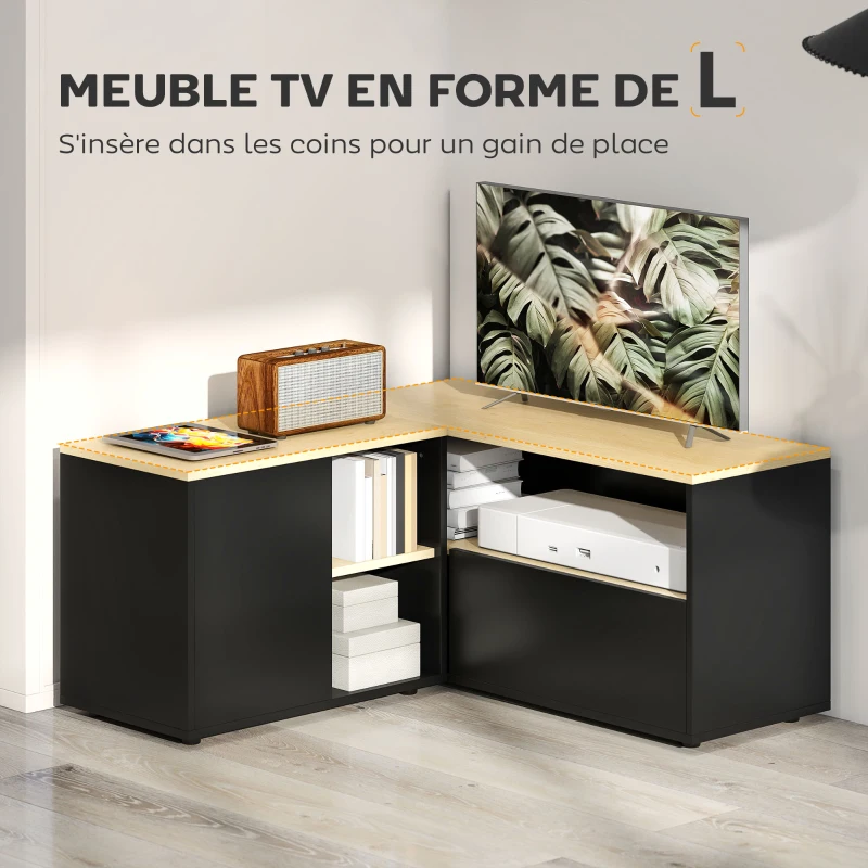 HOMCOM Meuble TV d'angle banc télévision jusqu'à 40 pouces avec 2 placards et 3 niches 90 x 90 x 45 cm chêne et noir