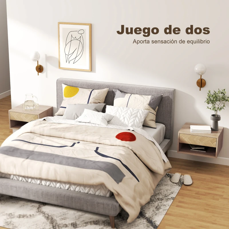 HOMCOM Juego de 2 Mesitas de Noche Colgantes Mesillas de Noche con Cajón y Compartimento para Dormitorio 37x32x21 cm Natural